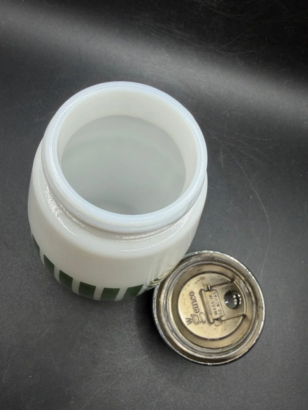 Gemco Westinghouse Green & White Striped MCM Vintage Glass & Metal Sugar Shaker